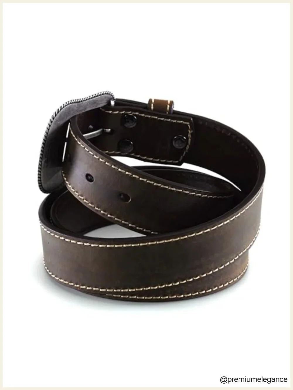 Genuine Leather Western Belt with Heavy Stitching Silver-Tone Buckle